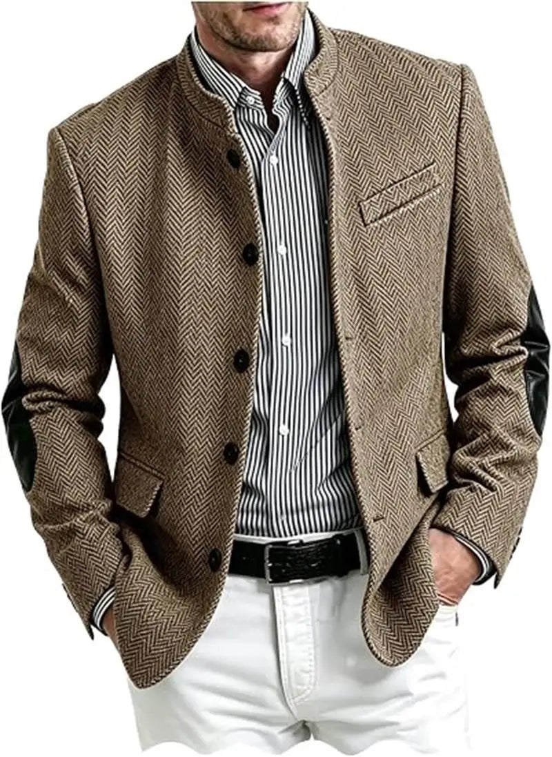 Vintage Men's Mandarin Collar Herringbone Tweed Blazer with Leather Elbow Patch Wool Blend Business Casual Slim Fit Suit Jackets