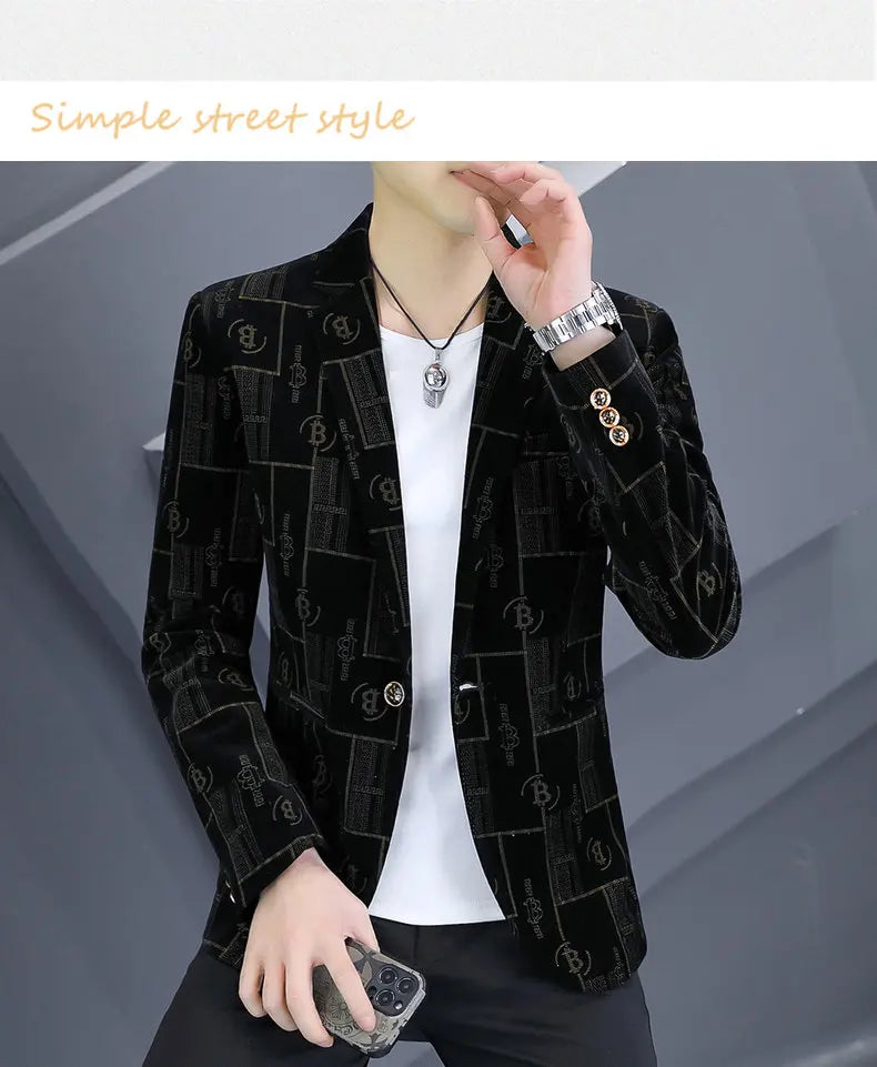 Autumn Luxury Corduroy Suit Jacket for Men Letter Printed Casual Business Men Blazers Slim Fit Social Banquet Party Dress Coats