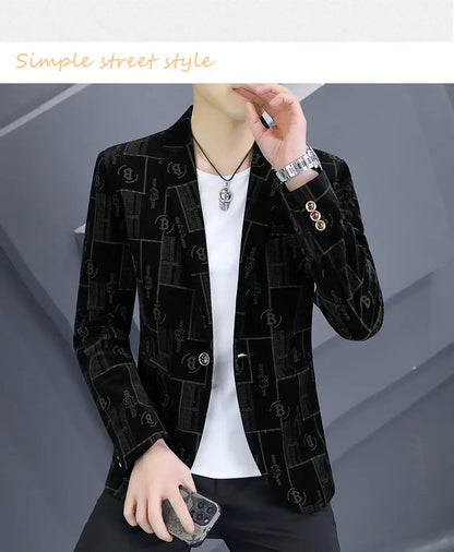 Autumn Luxury Corduroy Suit Jacket for Men Letter Printed Casual Business Men Blazers Slim Fit Social Banquet Party Dress Coats