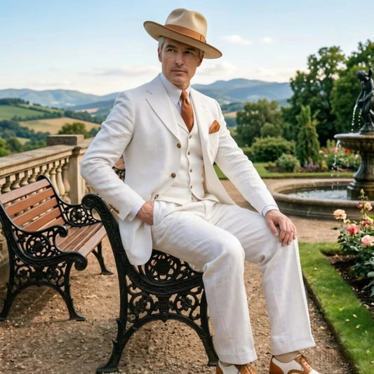 Slim Fit Summer Beige Linen Men 3 Piece Suit 1970s Retro  Formal Wear Fabric Vintage Style Groomsmen Outfit for Wedding Party