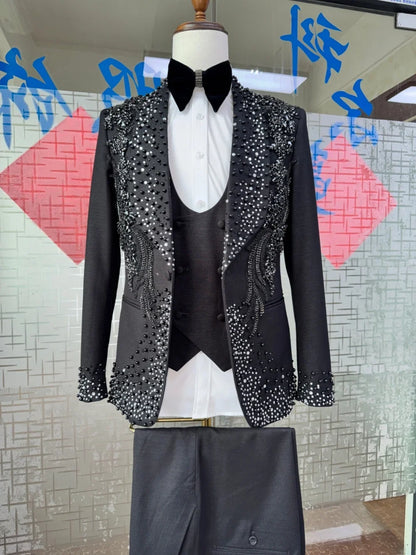 Men's Black Luxury Suit Set 3 Pieces Banquet Party Wear Handsome Man Jacket Vest Pants Weding Groom Sets Premium Tuxedo S-3XL