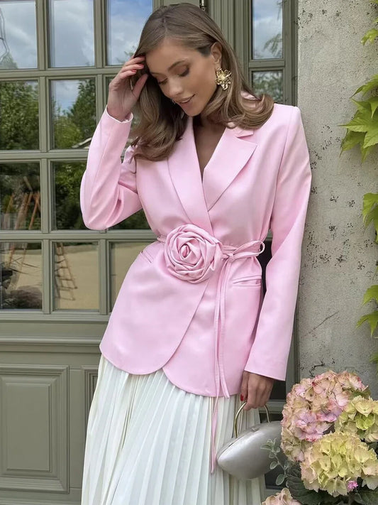 Spring Autumn Women Blazer Candy Colors Notched 3D Three-dimensional Flower With Sashes Loose Jacket Coat Career Casual 63976