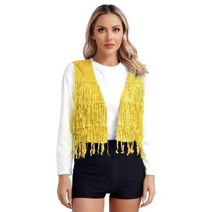 Women's Fringe Vest Clubwear Jazz Modern Dance Waistcoat Glitter Tassel Sleeveless Jacket Sequins Vests Music Festival Costumes