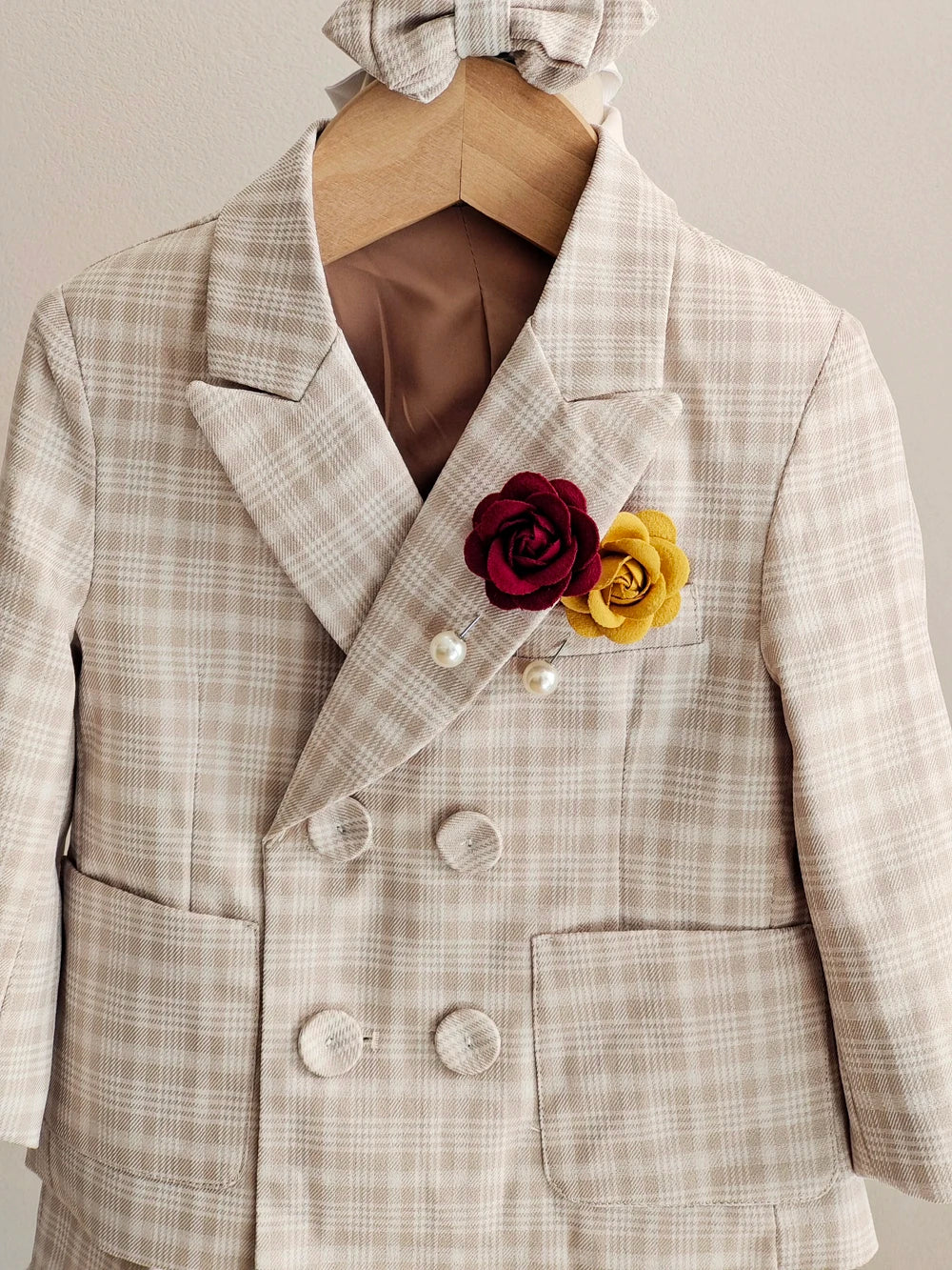 Toddler Gentleman Plaid Suit Set Boys Formal Blazer Waistcoat Suspender Shorts BowTie Wedding Birthday Baptism Party Dress Outft