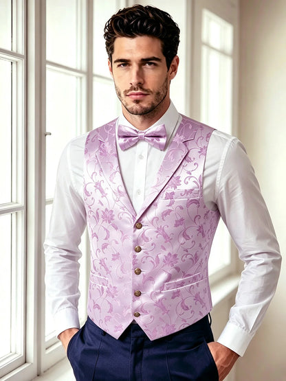 Men's Floral Jacquard Vest Bowtie Set – Pink Wedding Waistcoat for Men