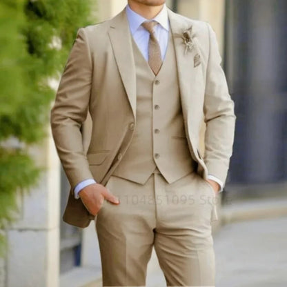 3PCS Formal Solid Men's Suit Set - Wedding Business Party Prom Classic Occasion Jacket Vest Pants Ensemble