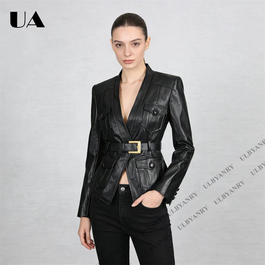Women’s Black Faux Leather Blazer with Asymmetric Belt & Gold Buckle, Multi-Pocket Design, Edgy Streetwear or Night Out Jacket