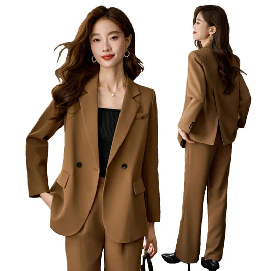 Elegant Korean Fashion Blazer Tops Trousers Suits 2pcs Women Pant Sets 2024 Autumn Solid Color Commute OL Blazer Sets