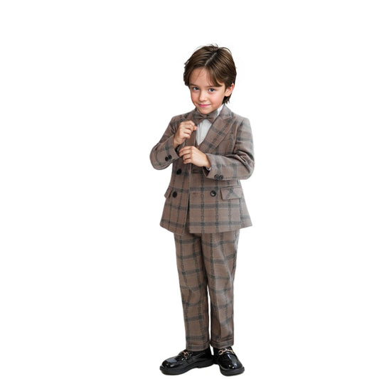 Boys 4Pieces Brown Plaid Wedding Outfit With Jacket Vest Pants Bowtie Kids Formal Wear for Piano Host Speech Performance