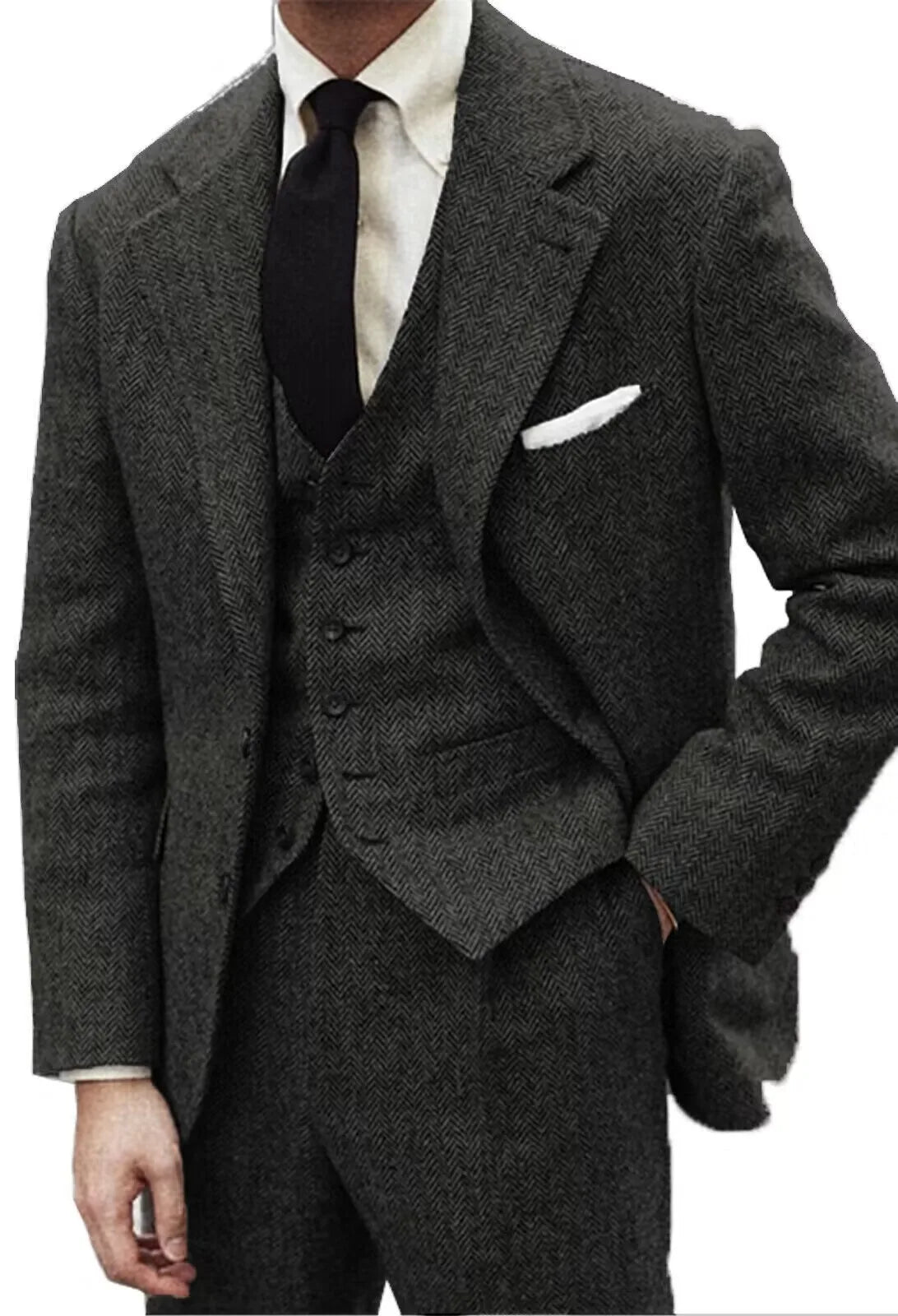 Men's Gray Wool Tweed Slim Fit 3 Piece Suit Winter Formal Herringbone Business Tuxedo Groom Male Clothes Jacket Vest Pants Set