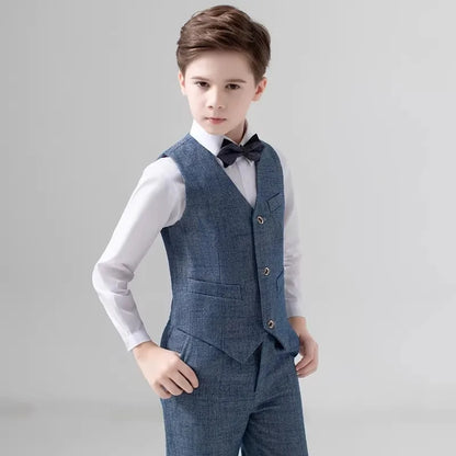 British Style Kids Piano Host Speech Performance Costume School Boys Vest Pants Bowtie 3Pieces Ceremony Clothing Set