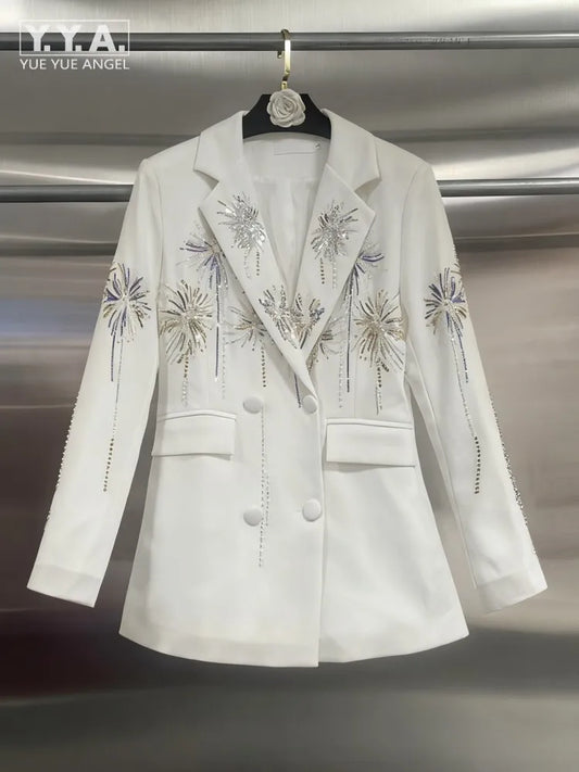 Autumn Retro Women Versatile Gilding Embroidery Suit Jacket Long Sleeve Office Ladies Elegant Blazers Double Breasted Coat Tops
