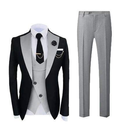 Mens Pant Suit Classic Contrast Flat Collar Blazer Jacket Slant-breasted Vest Trousers 3 Piece Set for Wedding Groom Groomsmen