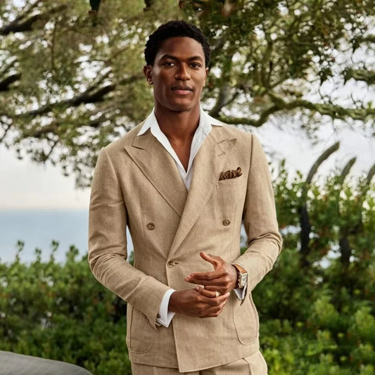 Men's Linen Double Breasted Suit – 2-Piece Blazer & Pant Set for Beach Wedding & Casual Events