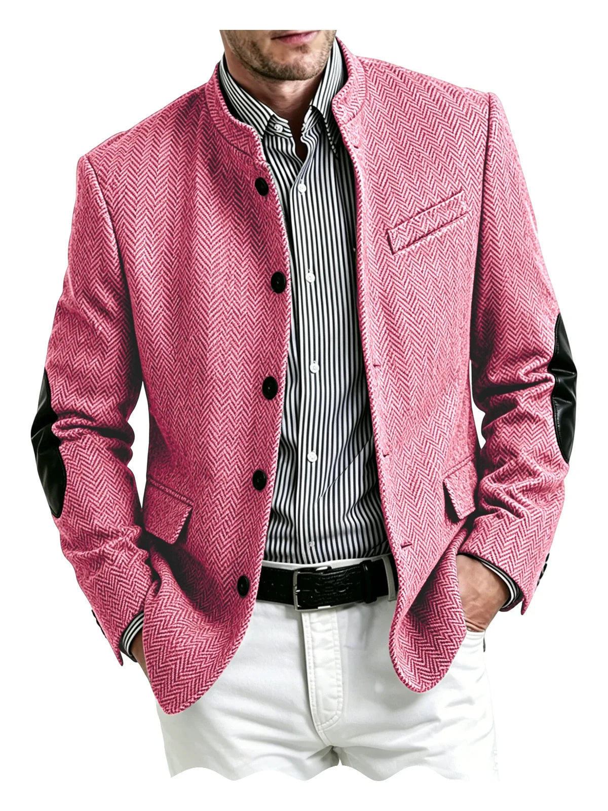 Men's Herringbone Tweed Blazer With Elbow Patches Retro Stand Collar Jacket Slim Fit Daily Party Business Casual Sport Coat ﻿