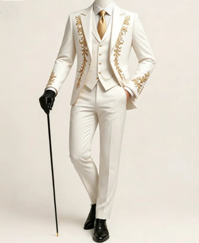Men Black Formal 3 Pieces Tuxedo Suit Gold Floral Embroidery Shawl Collar Blazer Waistcoat Pants Wedding Groom Customized