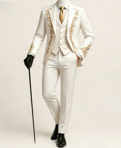 Men Black Formal 3 Pieces Tuxedo Suit Gold Floral Embroidery Shawl Collar Blazer Waistcoat Pants Wedding Groom Customized