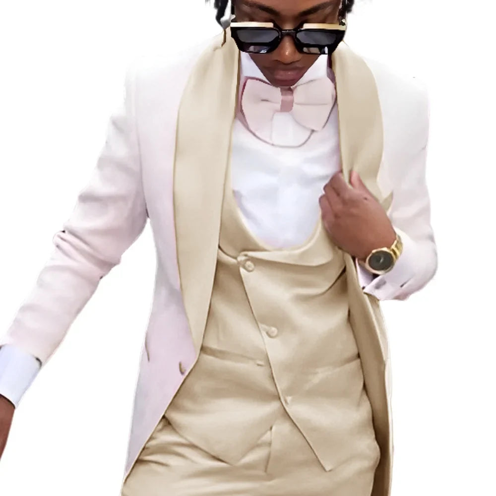 Fashion Men's Suit 3 piece Suit White Jacket Khaki Vest Pants Wedding Tuxedo Groom Tailored Suit Blazer for Men Slim Fit Outfit