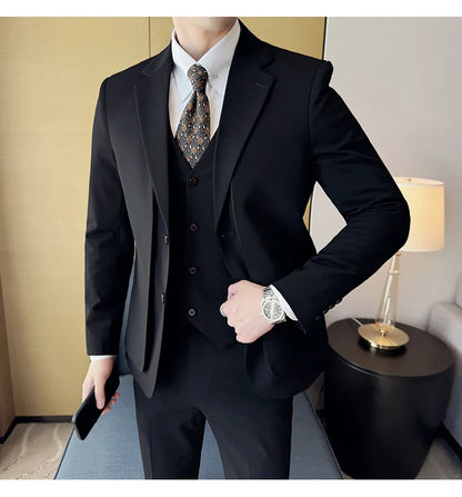 British Style Fake Two-piece Suit Set Men's Wedding Groom Dress 3 Piece Set Suit Vest Trousers Slim Office Business Casual Suits