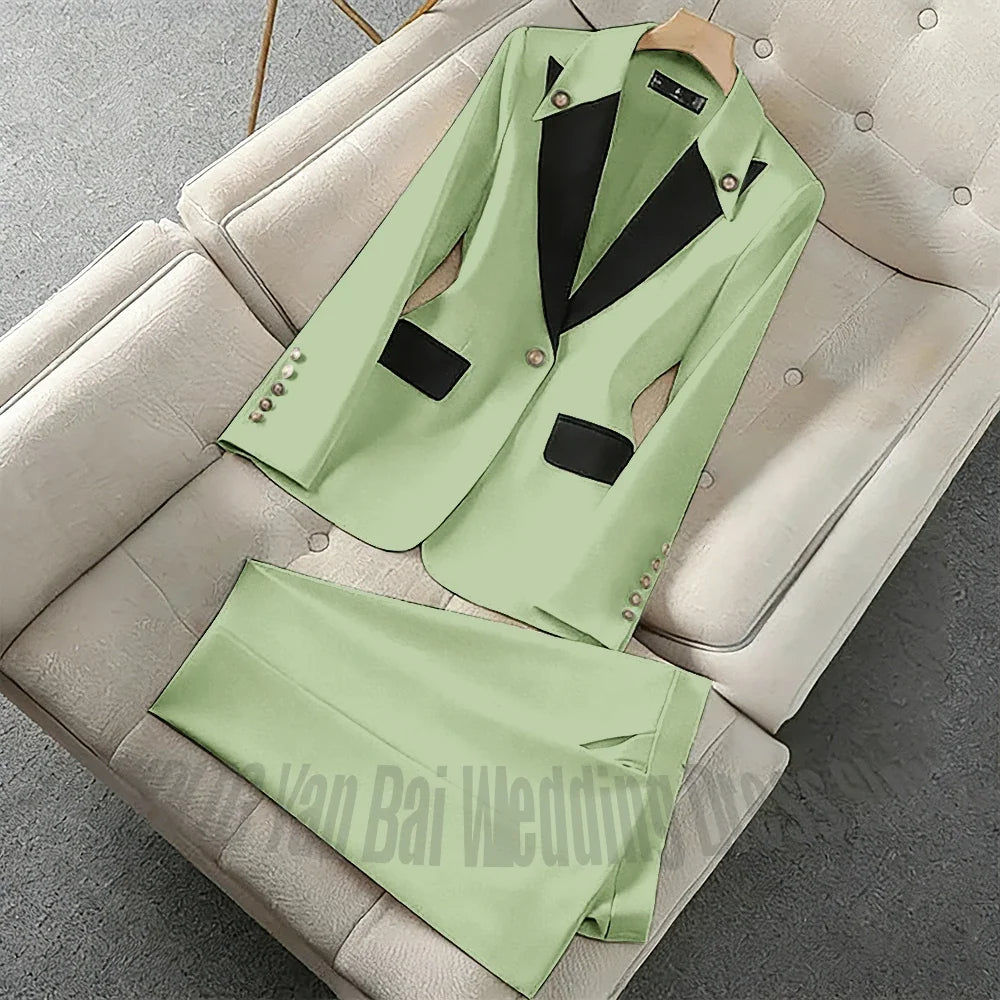 New Unique Women Pant Suit Contrast Color Modern Outfit One-Button Peaked Lapel Casual Fashion Daily Female Clothes Set 2 Piece