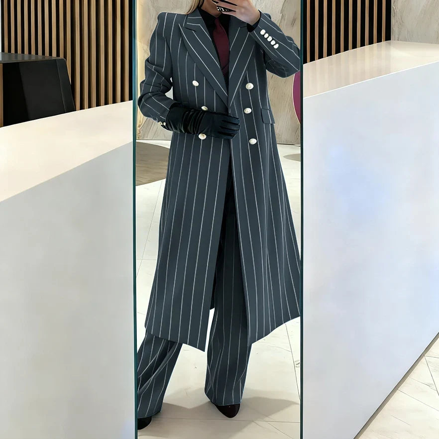 Burgundy Women's Suits Pinstripe Double Breasted Peaked Lapel Long Coat+Pants Set Elegant Formal Office Evening Party Outfit