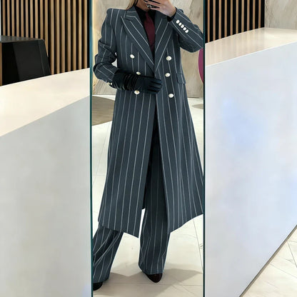 Burgundy Women's Suits Pinstripe Double Breasted Peaked Lapel Long Coat+Pants Set Elegant Formal Office Evening Party Outfit