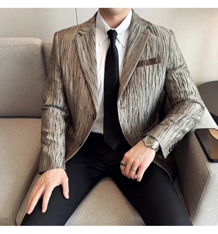 Korean Trend 3D Pleated Suit Jacket for Men Wedding Groom Business Dress Jacket Casual Banquet Party Host Blazer Masculino