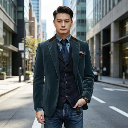 Men Velvet Blazer Contrast Brown Lapel Single Breasted Flap Pockets Smart Casual Business Streetwear Formal Outerwear