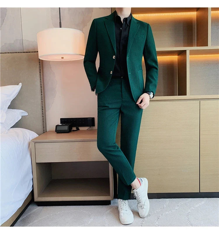 2025 New Waffle Blazers +Pant 2 Piece Set Men Fashion Business Slim Fit Solid Tuxedo Groom Wedding Prom Wear Casual Men's Sets