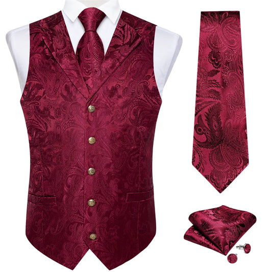 Men's Paisley Suit Vest – Single-Breasted Waistcoat with Tie, Handkerchief & Cufflinks for Weddings & Banquets