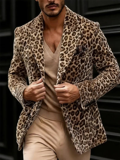 Men's Leopard Print Blazer Single Breasted Slim Fit Notch Lapel Tuxedo Jacket for Party and Prom