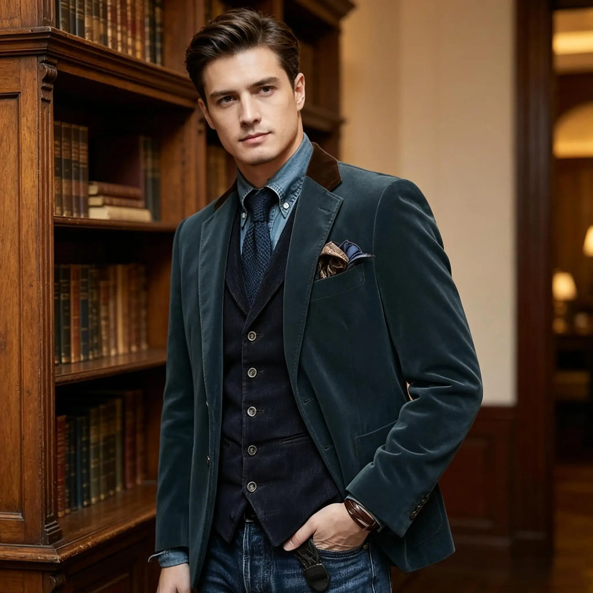 Men Velvet Blazer Contrast Brown Lapel Single Breasted Flap Pockets Smart Casual Business Streetwear Formal Outerwear