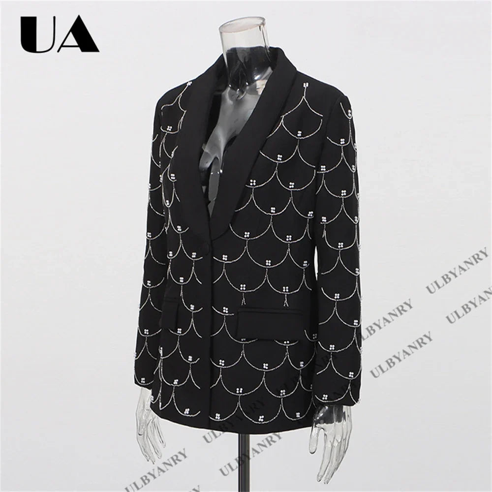 Women's Black Blazer with Silver Fish Scale Sequins, Slim Fit One Button Casual Business Jacket for Party Evening Prom