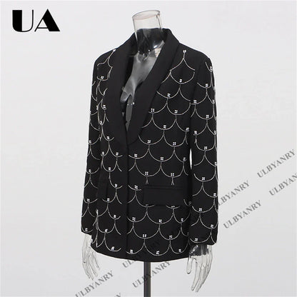 Women's Black Blazer with Silver Fish Scale Sequins, Slim Fit One Button Casual Business Jacket for Party Evening Prom