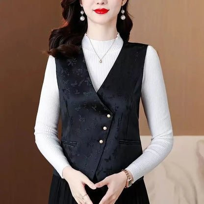 Middle-aged Mother New Chinese Style Black Vests 2026 New Spring Autumn Casual Sleeveless Waistcoat Women Retro Blazers Vest