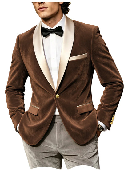 Men Velvet Tuxedo Jacket Champagne Satin Shawl Lapel Slim Fit Blazer Wedding Groom Party Prom Formal Western Dinner Suit Coat