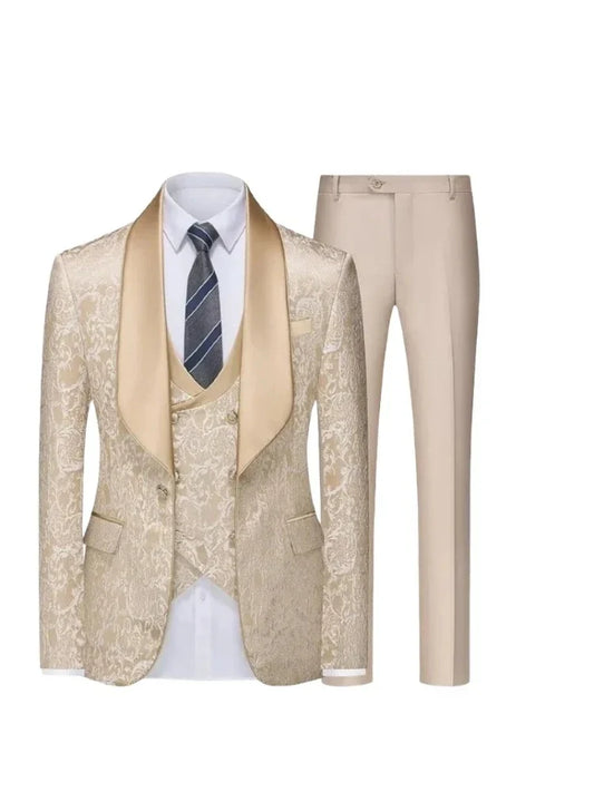 Nouvel ensemble 3 pièces Champagne Jacquard Hommes Costumes de Mariage Revers Châle Blazer Gilet Pantalon Coupe Slim Costumes d'Affaires Costume Homme Pour Fête Bal de Promo