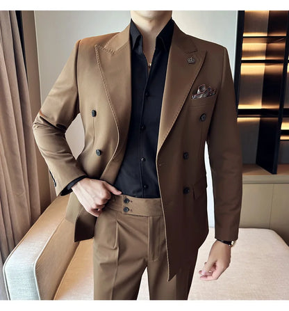 (Blazer + Trousers) Fashion Double Breasted Design Slim Men's Suit Italian Style Luxury Wedding Social Party Tuxedo 2 Piece Set