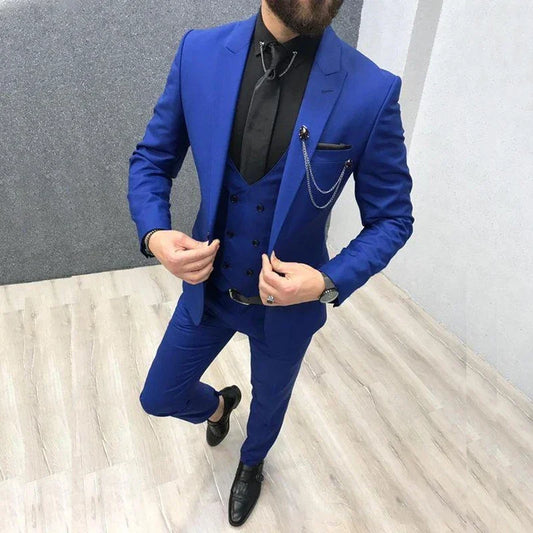 3 Piece Royal Blue Men Suits Peaked Lapel Custom Made Wedding Tuxedos Slim Fit Male Suits (Jacket+Pants+Vest)