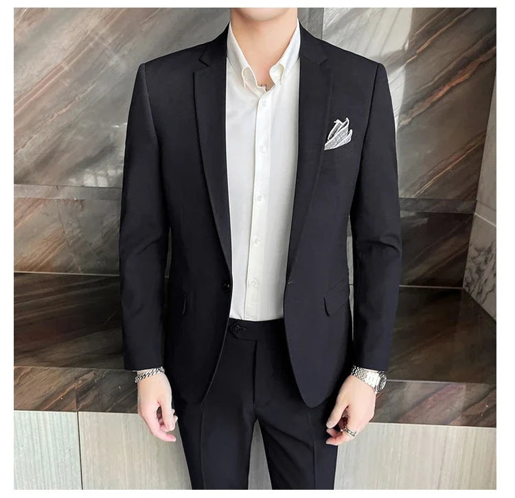 Men's Slim Fit Solid Color Two-Piece Suit Set for Wedding & Formal Occasions