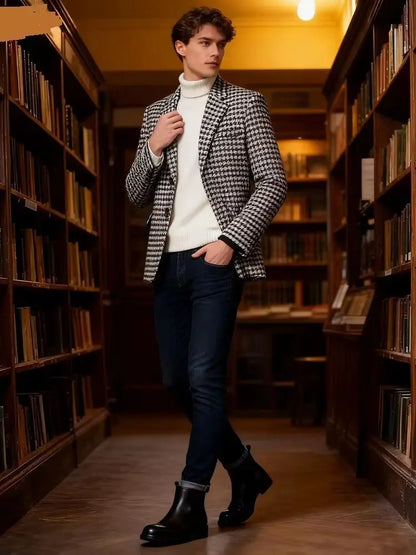 Men's Houndstooth Formal Suit Jacket Notch Lapel Blazer Two Buttons Wool Blend Coat for Party Prom Business Tuxedo One Piece