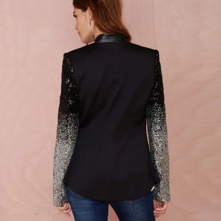 Shiny Sequin Suit Jacket Women's Slimming Elegant Ladylike Style Long Sleeve Commute Fashion Single Button Pure Color Coat