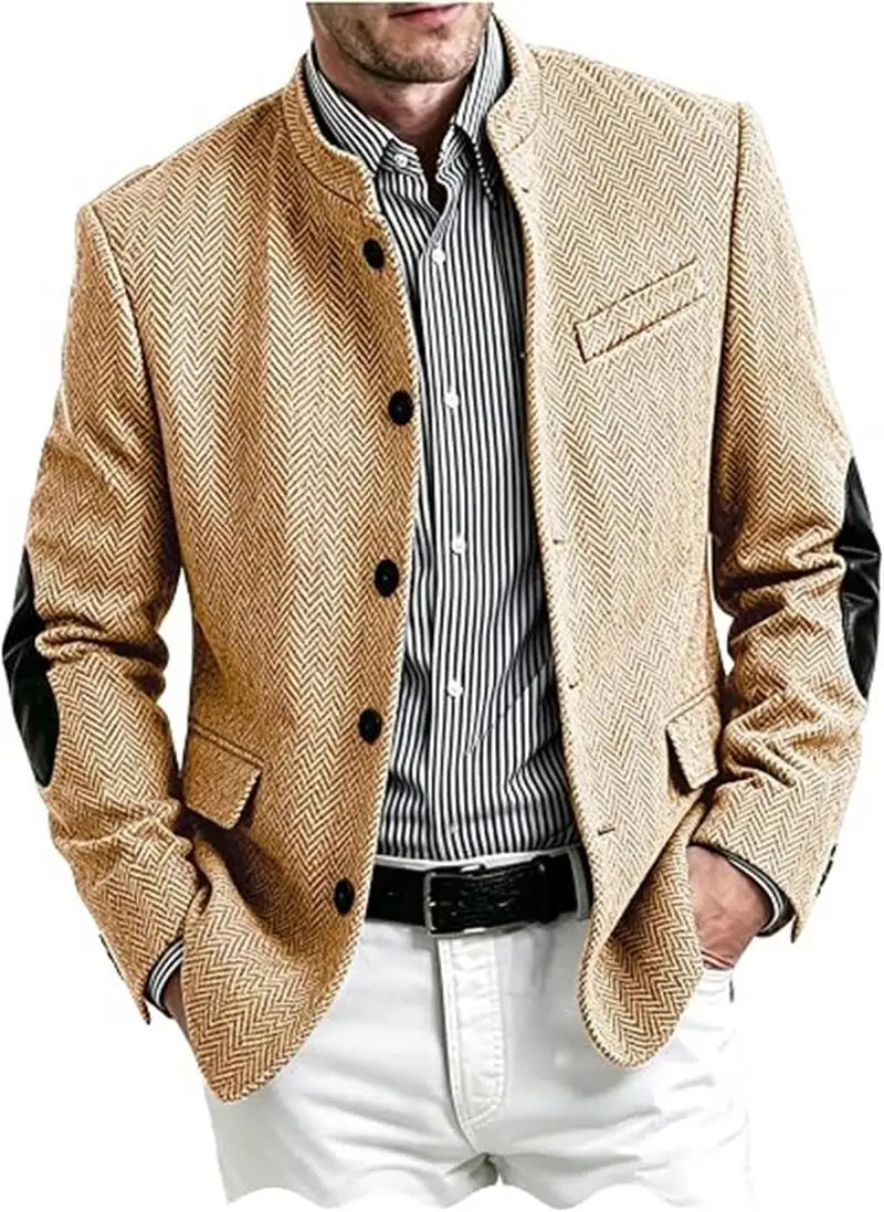 Vintage Men's Mandarin Collar Herringbone Tweed Blazer with Leather Elbow Patch Wool Blend Business Casual Slim Fit Suit Jackets