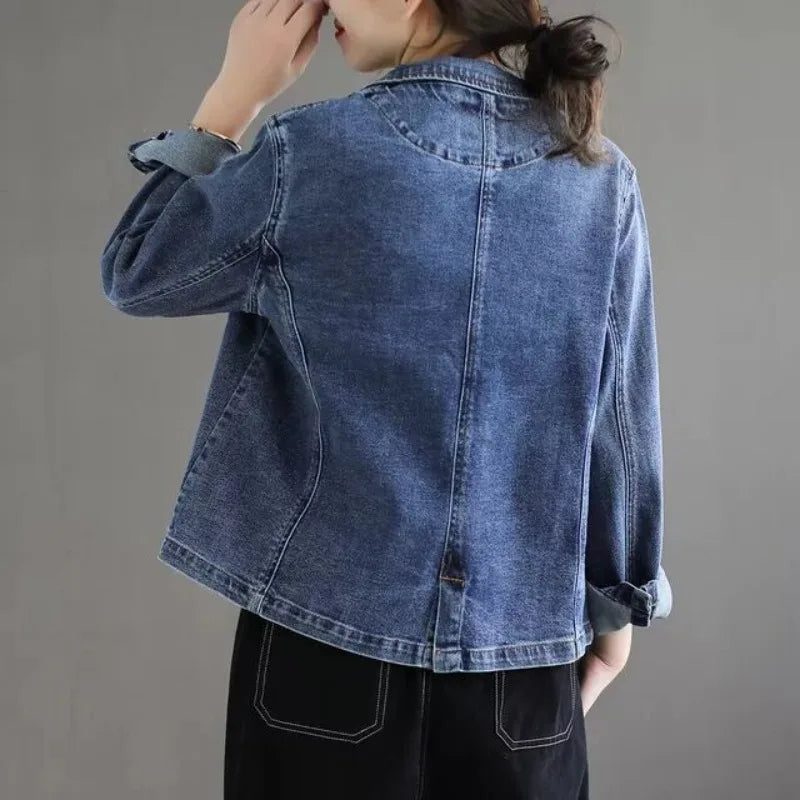 Women's Casual Denim Blazer Loose Fit Notched Lapel Single Button Jean Jacket