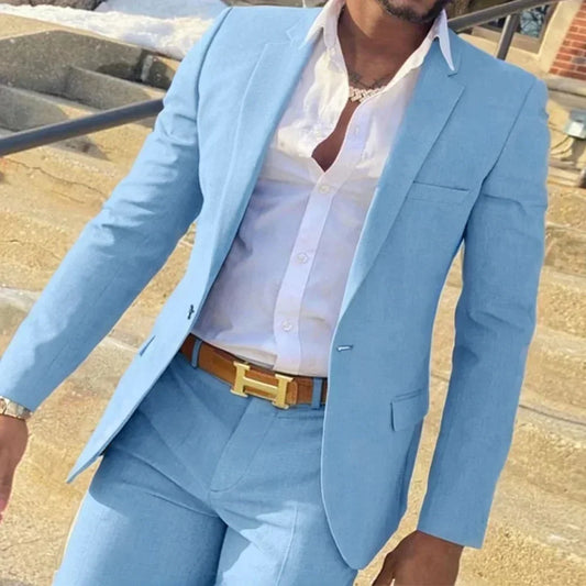 Men's 2-Piece Slim Fit Linen Suit – Single Breasted Groomsmen & Wedding Suit for Summer & Beach Occasions