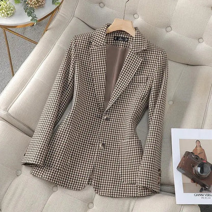 Women Office Ladies Single Breasted Slim Blazer Coat Autumn Winter Fashion Plaid Temperament Long Sleeved Elegant Tops Vacation