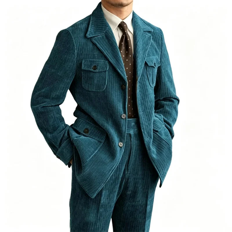 Men's Retro Corduroy 2 Pieces Suit Multi Flap Pockets Safari Blazer Matching Trousers For Formal Daily Party Wedding Business