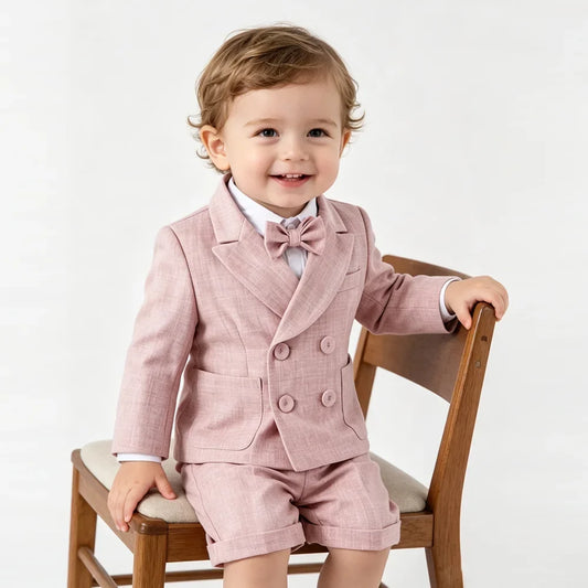 Baby Boys Pink Linen Suit 3PCS Double Breasted Blazer Bowtie Formal Gentleman Outfit Wedding Birthday Photography Kids Costume