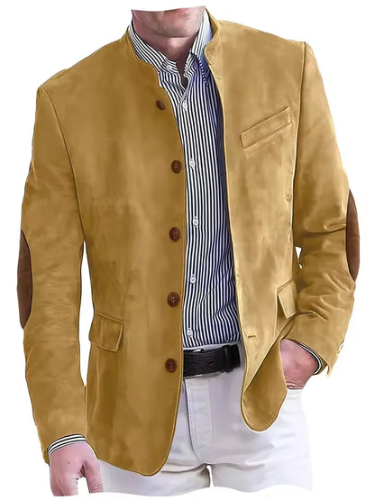 Vintage Men's Suede Blazer Elbow Patch Slim Fit Mandarin Collar Textured Fabric Jacket Business Casual Wedding Party Coat