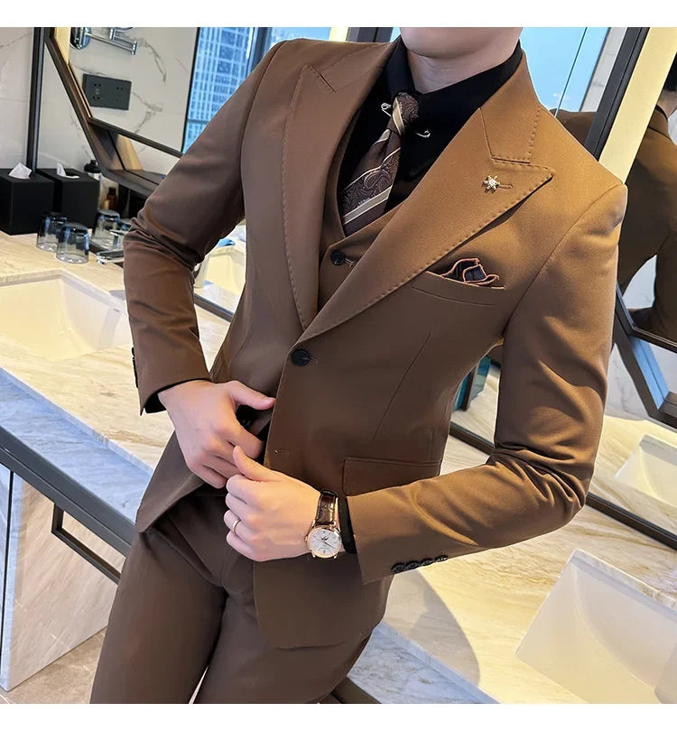 (Blazer + Vest + Trousers) 2024 New Men Formal Business Solid Suit 3 Pieces Set Italian Style Luxury Wedding Social Party Tuxedo